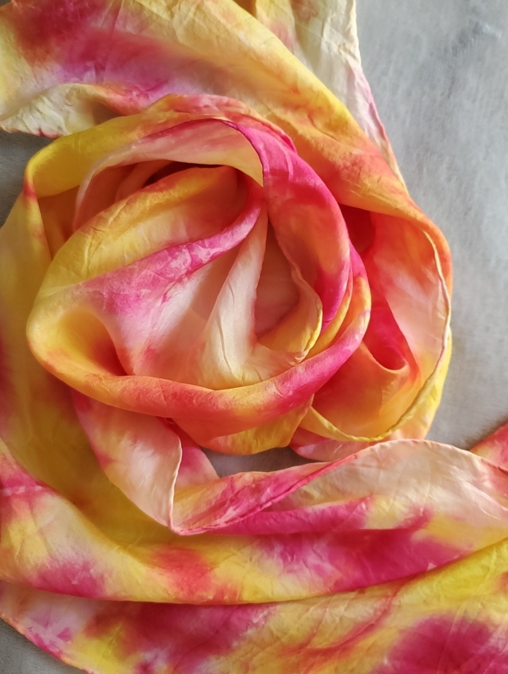 100% Silk Scarf Pink Yellow Watercolor Tie-Dye Rolled Hem Rectangle 10" x 58"